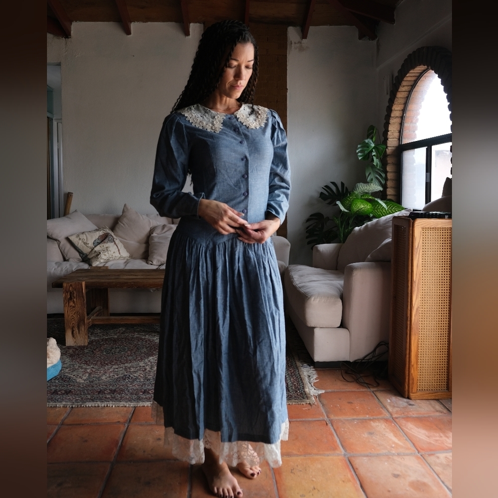 Vintage Gunne Sax 70s Blue Prairie  Cottagecore Maxi Dress - Picture 2 of 13